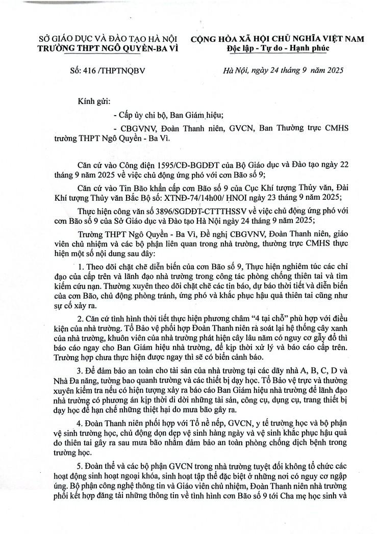 Thông báo phòng chống cơn bão số 9 trường THPT Ngô Quyền - Ba Vì