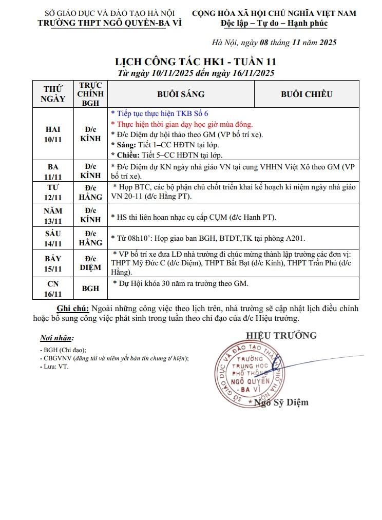 LỊCH CÔNG TÁC HK1 - TUẦN 11 Từ ngày 10/11/2025 đến ngày 16/11/2025
