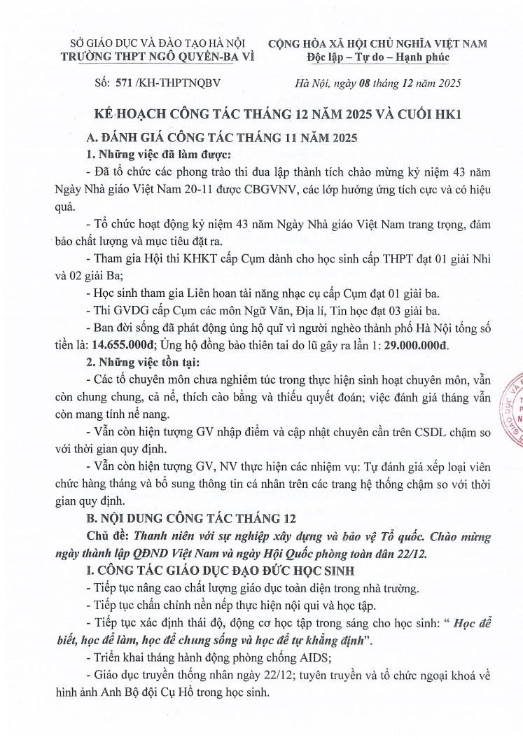 KẾ HOẠCH CÔNG TÁC THÁNG 12 NĂM 2025 VÀ CUỐI HК1