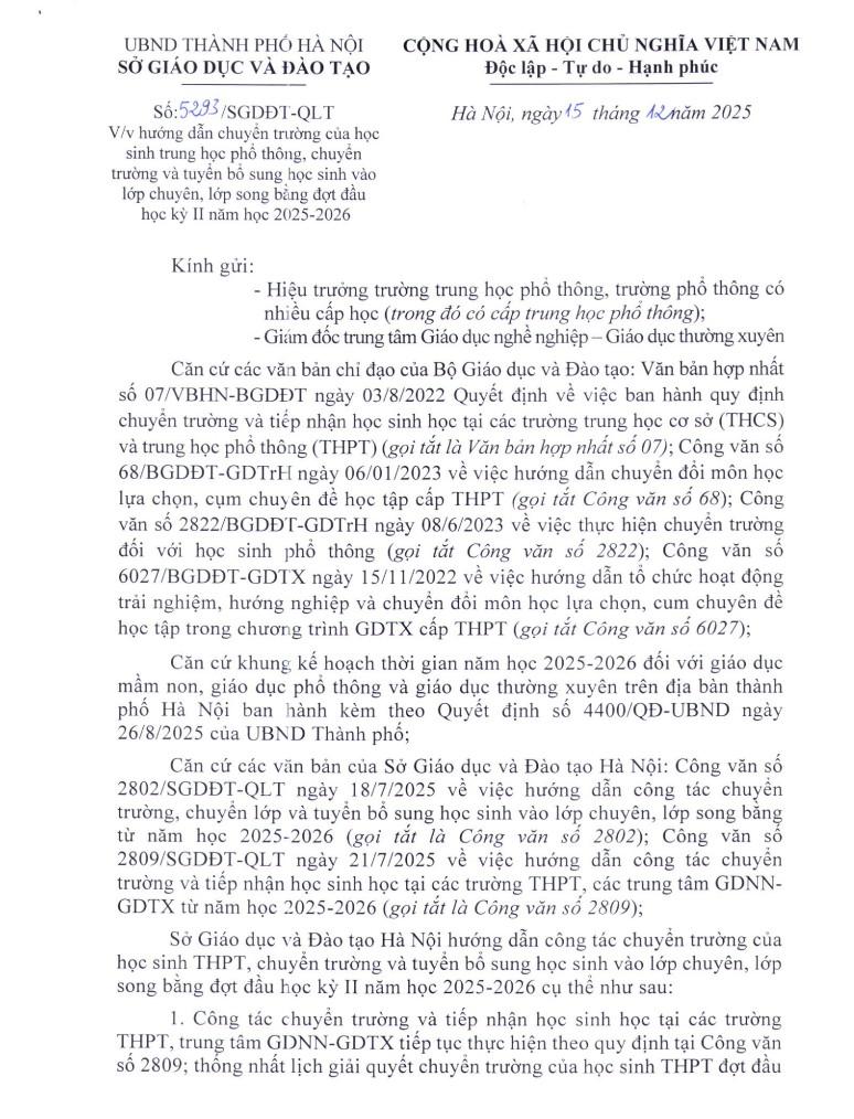 Hướng dẫn chuyển trường của học sinh THPT đợt đầu HK II năm học 2025-2026