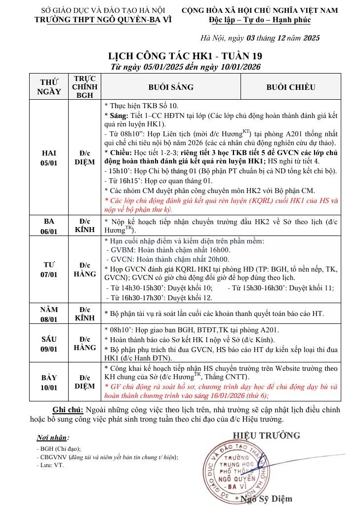 LỊCH CÔNG TÁC HK1 - TUẦN 19 Từ ngày 05/01/2025 đến ngày 10/01/2026