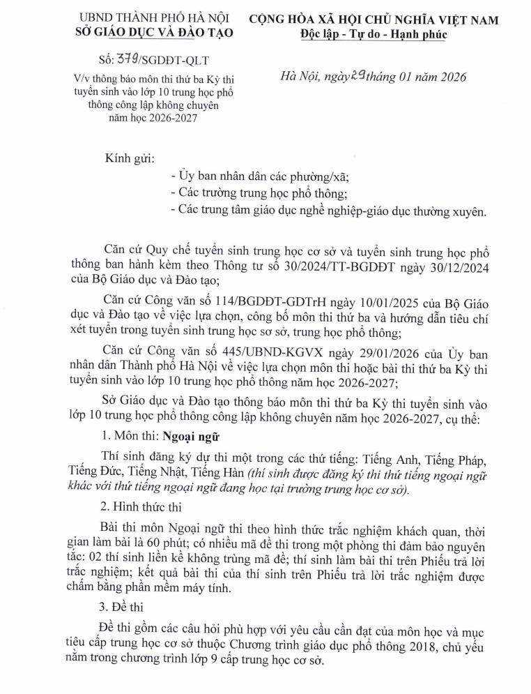 Hà Nội thông báo môn thi thứ ba Kỳ thi tuyển sinh vào lớp 10 THPT công lập không chuyên năm học 2026-2027