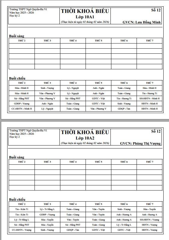Thời khóa biểu của Học sinh số 12 Áp dụng từ ngày 02/02/2026