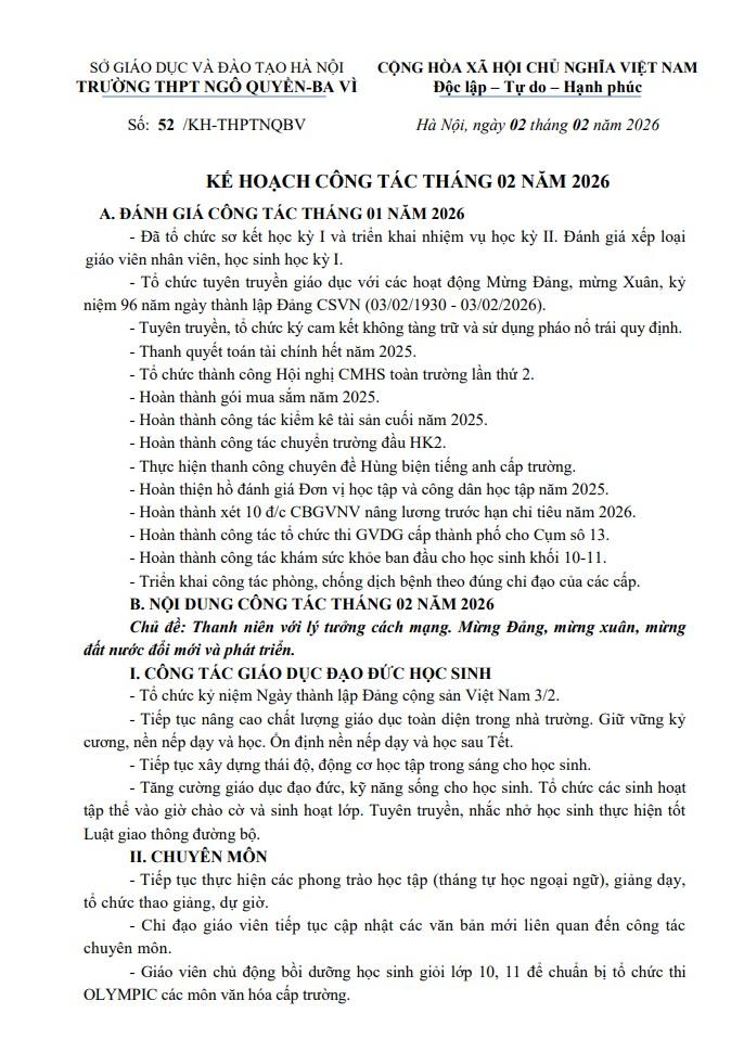 KẾ HOẠCH CÔNG TÁC THÁNG 02 NĂM 2026