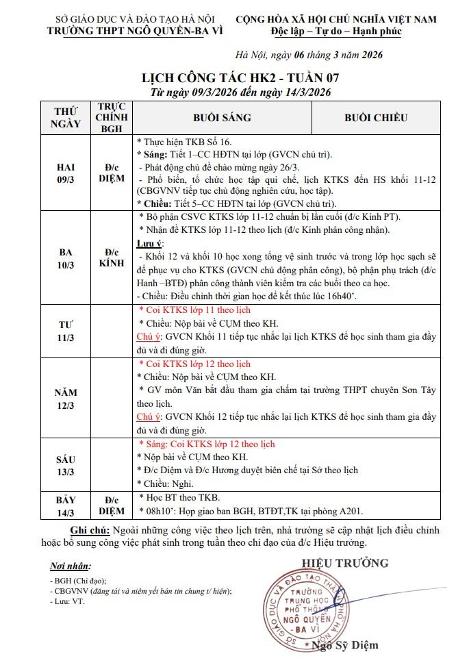 LỊCH CÔNG TÁC HK2 - TUẦN 07 Từ ngày 09/3/2026 đến ngày 14/3/2026