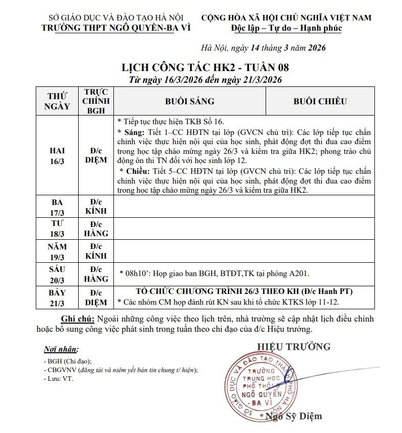LỊCH CÔNG TÁC HK2 - TUẦN 08 Từ ngày 16/3/2026 đến ngày 21/3/2026