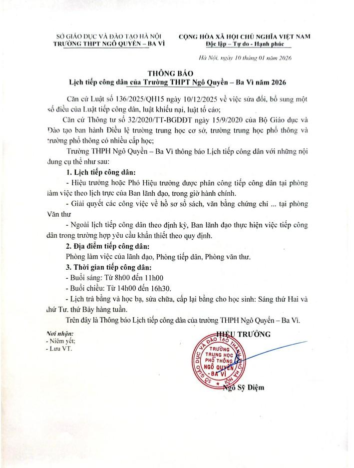 THÔNG BÁO Lịch tiếp công dân của Trường THPT Ngô Quyền – Ba Vì năm 2026