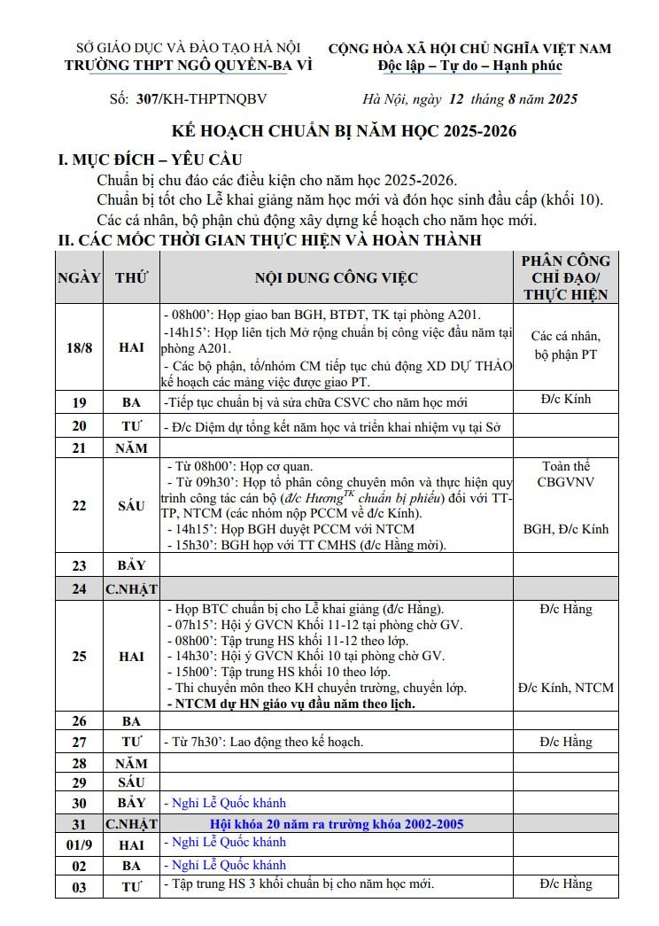 KẾ HOẠCH CHUẢN BỊ NĂM HỌC 2025-2026 VÀ KẾ HOẠCH CÔNG TÁC THÁNG 8-9