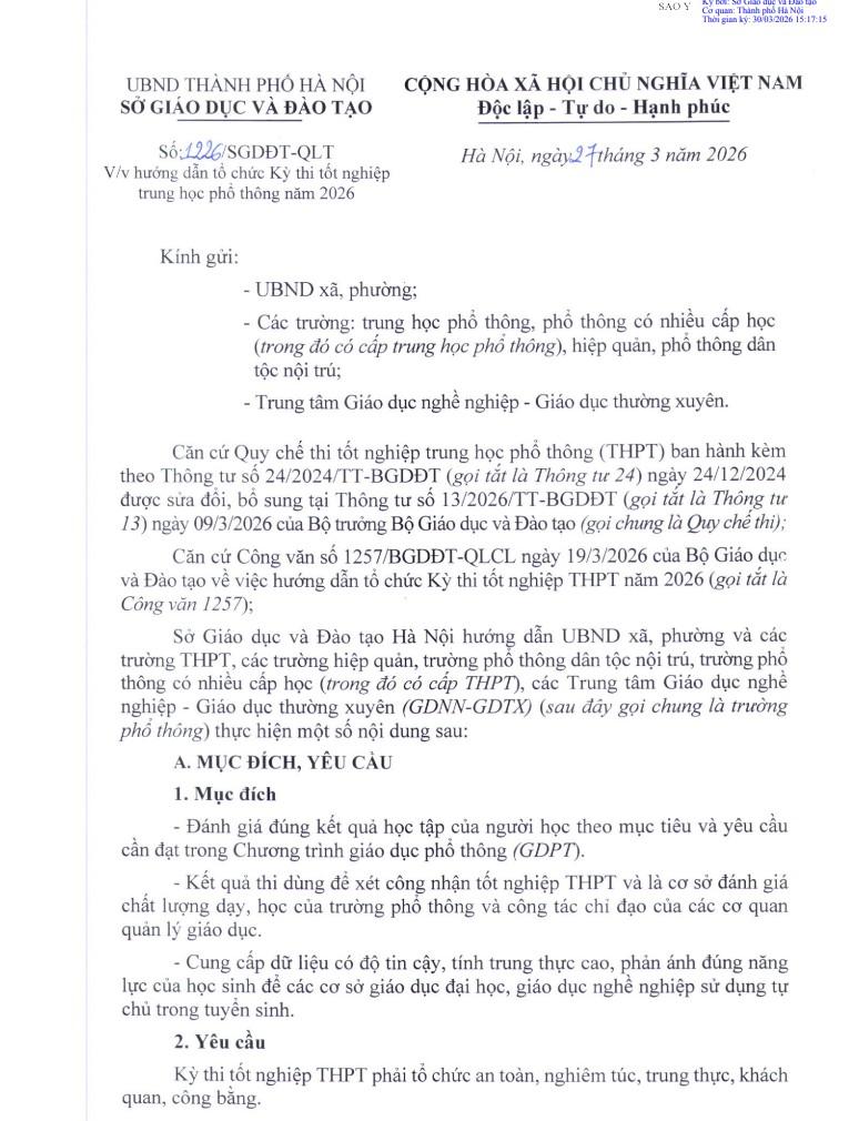 Hướng dẫn tổ chức Kỳ thi tốt nghiệp trung học phổ thông năm 2026