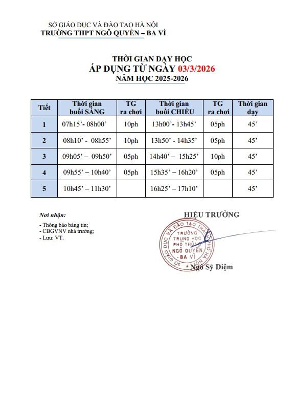 Thời gian vào lớp giờ mùa đông ÁP DỤNG TỪ NGÀY 03/3/2026 NĂM HỌC 2025-2026