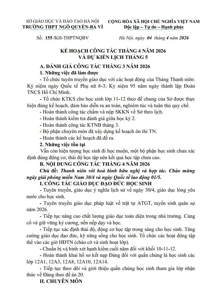 KẾ HOẠCH CÔNG TÁC THÁNG 4 NĂM 2026 VÀ DỰ KIẾN LỊCH THÁNG 5