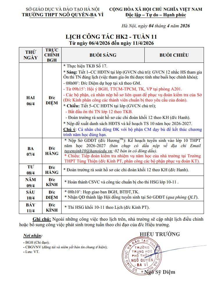 LỊCH CÔNG TÁC HK2 - TUẦN 11 Từ ngày 06/4/2026 đến ngày 11/4/2026