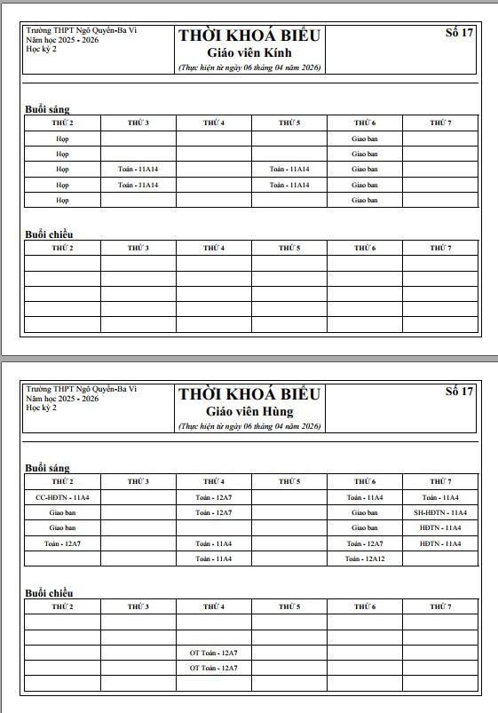 TKB giáo viên số 17 Áp dụng từ ngày 06 tháng 04 năm 2026