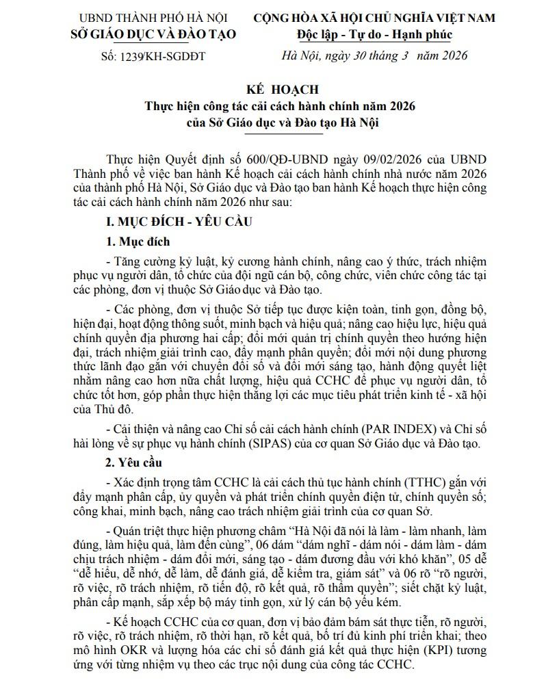 Kế hoạch số 1239/KH-GDĐT ngày 30/3/2026 của Sở Giáo dục và Đào tạo Hà Nội về thực hiện công tác cải cách hành chính năm 2026