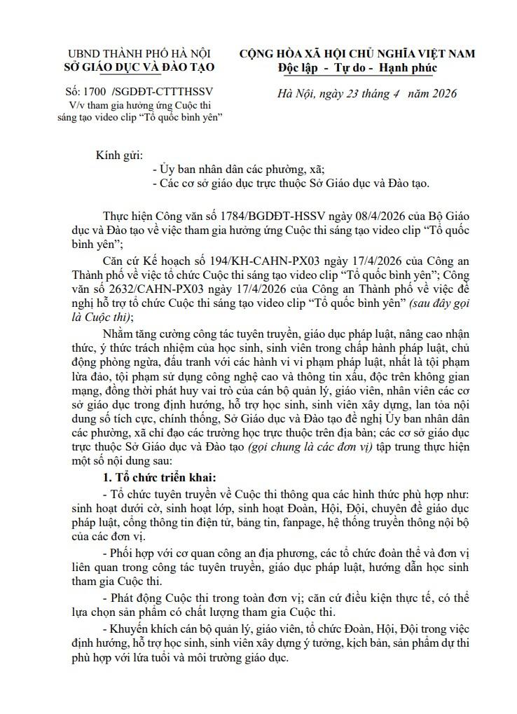Công văn về việc tham gia hưởng ứng Cuộc thi sáng tạo video clip “Tổ quốc bình yên”