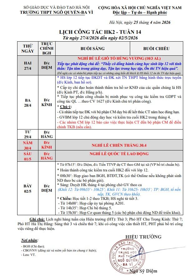LỊCH CÔNG TÁC HK2 - TUẦN 14 Từ ngày 27/4/2026 đến ngày 02/5/2026