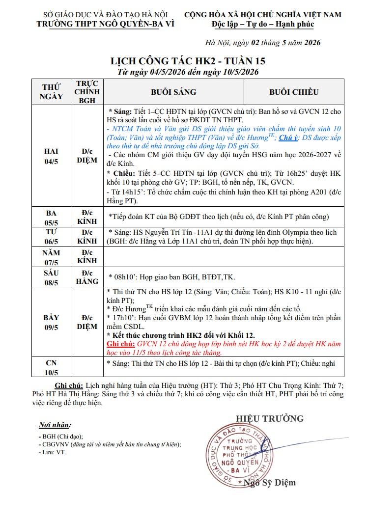 LỊCH CÔNG TÁC HK2 - TUẦN 15 Từ ngày 04/5/2026 đến ngày 10/5/2026