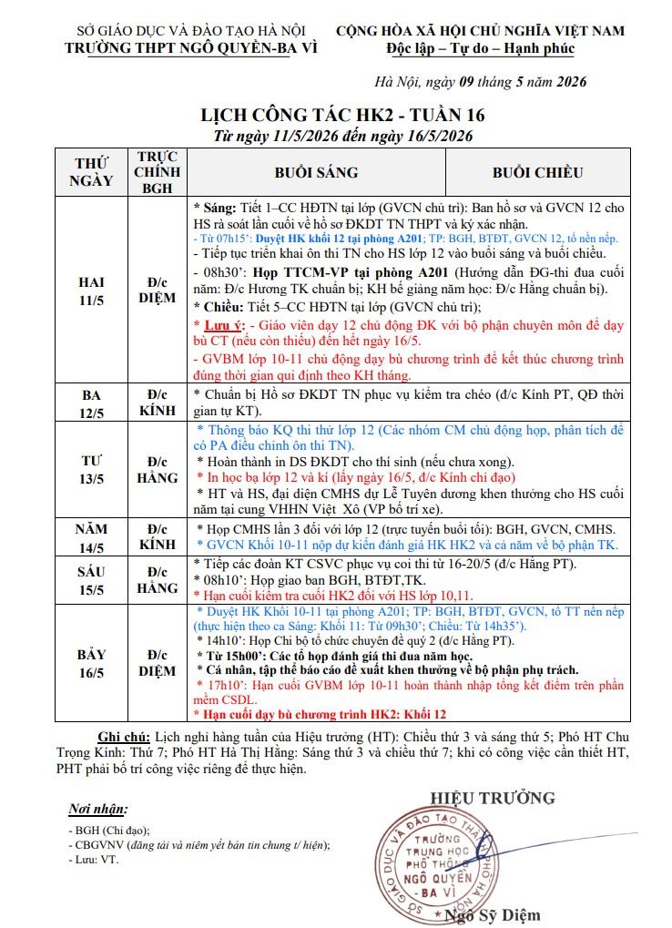 LỊCH CÔNG TÁC HK2 - TUẦN 16 Từ ngày 11/5/2026 đến ngày 16/5/2026