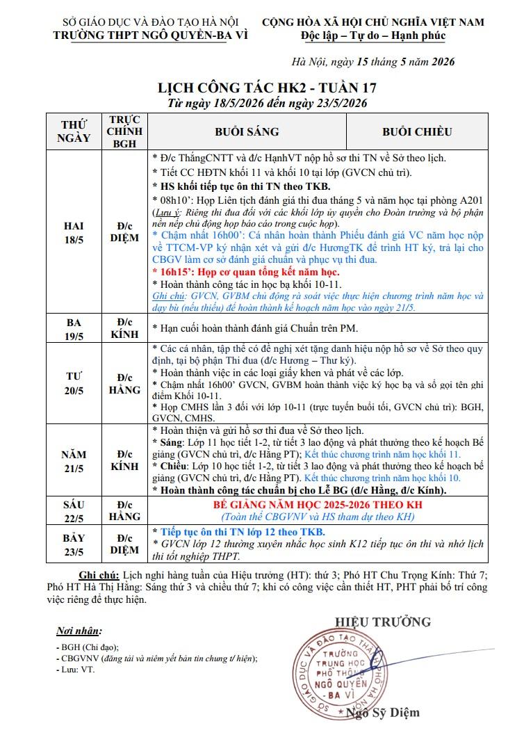 LỊCH CÔNG TÁC HK2 - TUẦN 17 Từ ngày 18/5/2026 đến ngày 23/5/2026