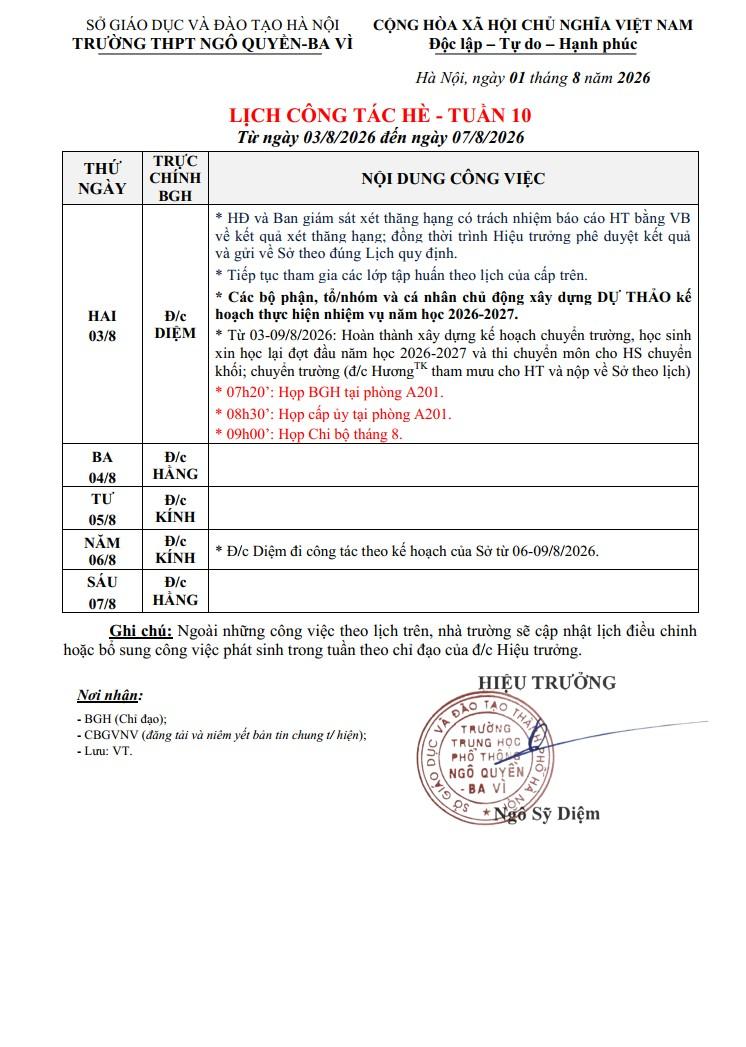 LỊCH CÔNG TÁC HÈ - TUẦN 10 Từ ngày 03/8/2026 đến ngày 07/8/2026