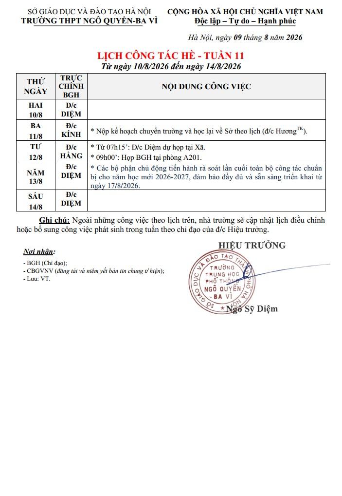 LỊCH CÔNG TÁC HÈ - TUẦN 11 Từ ngày 10/8/2026 đến ngày 14/8/2026
