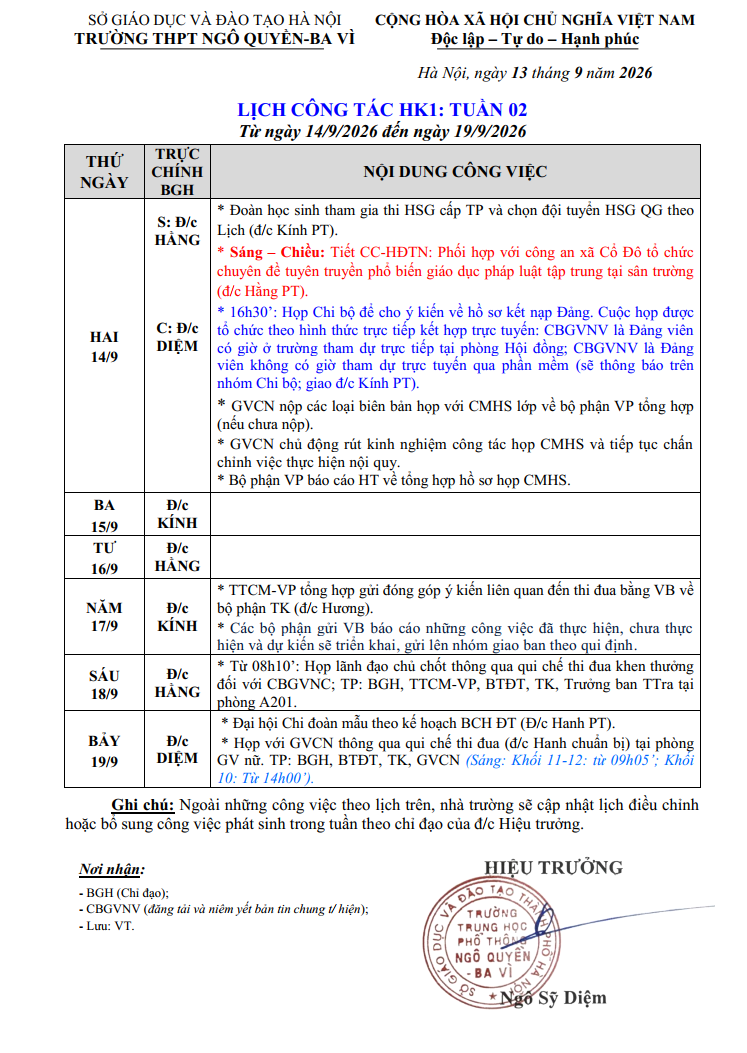 LỊCH CÔNG TÁC HK1: TUẦN 02 Từ ngày 14/9/2026 đến ngày 19/9/2026