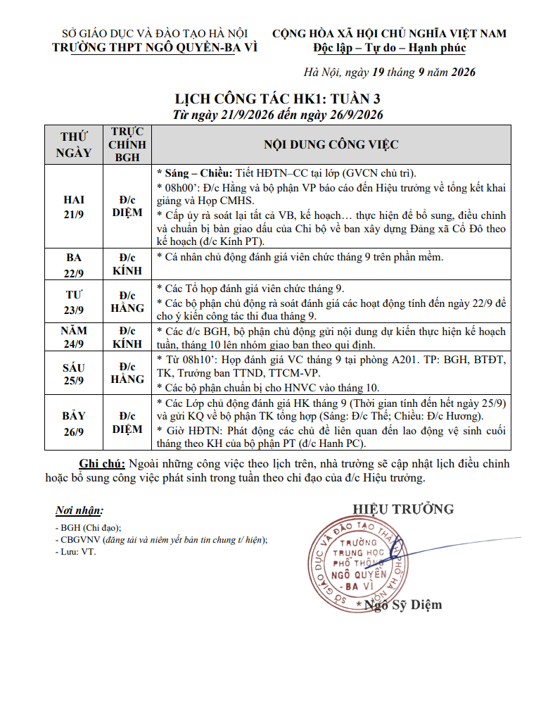LỊCH CÔNG TÁC HK1: TUẦN 3 Từ ngày 21/9/2026 đến ngày 26/9/2026