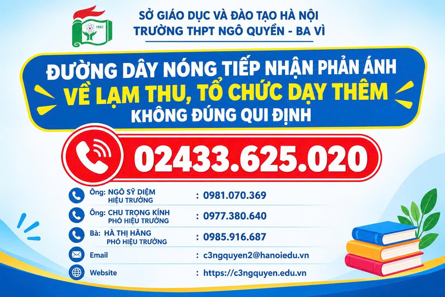 Trường THPT Ngô Quyền - Ba Vì thiết lập đường dây nóng tiếp nhận phản ánh về lạm thu, tổ chức dạy thêm không đúng quy định