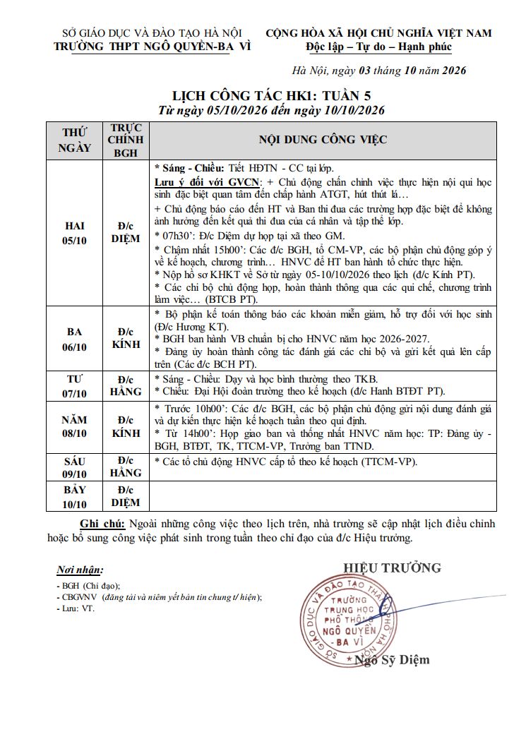 LỊCH CÔNG TÁC HK1: TUẦN 5 Từ ngày 05/10/2026 đến ngày 10/10/2026