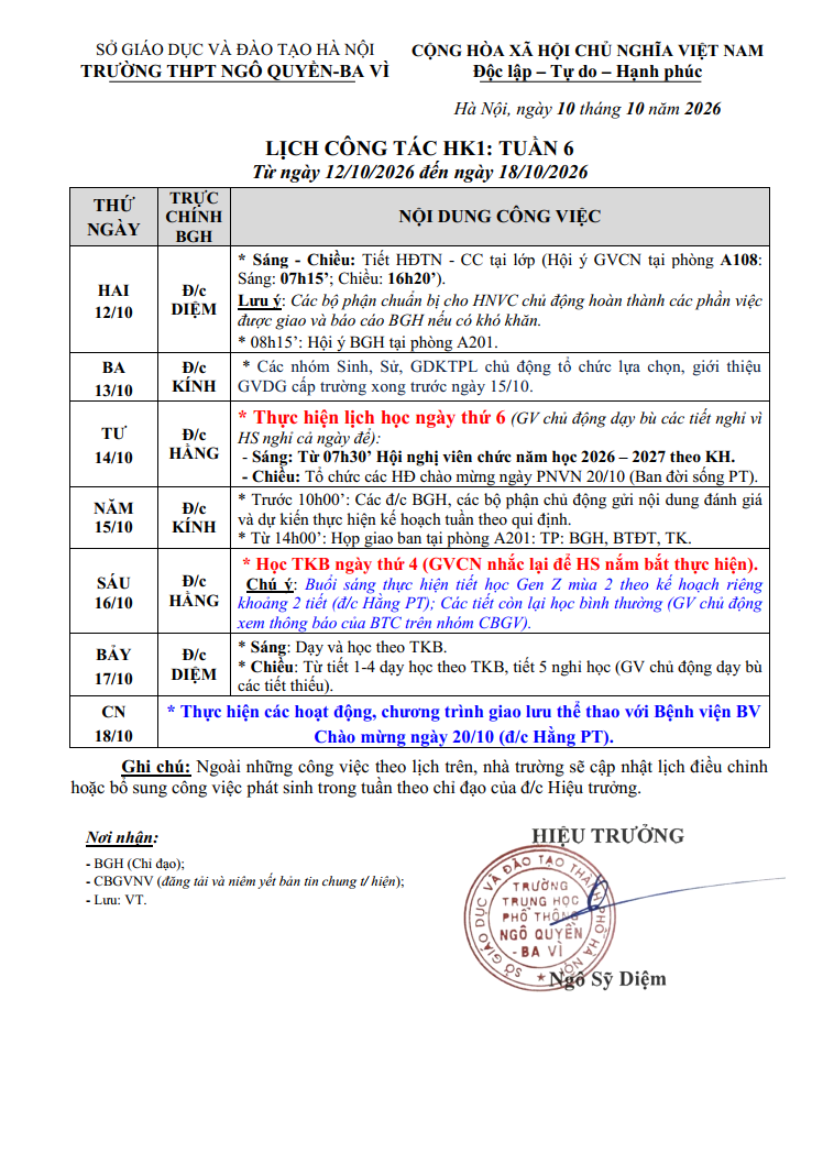 LỊCH CÔNG TÁC HK1: TUẦN 6 Từ ngày 12/10/2026 đến ngày 18/10/2026
