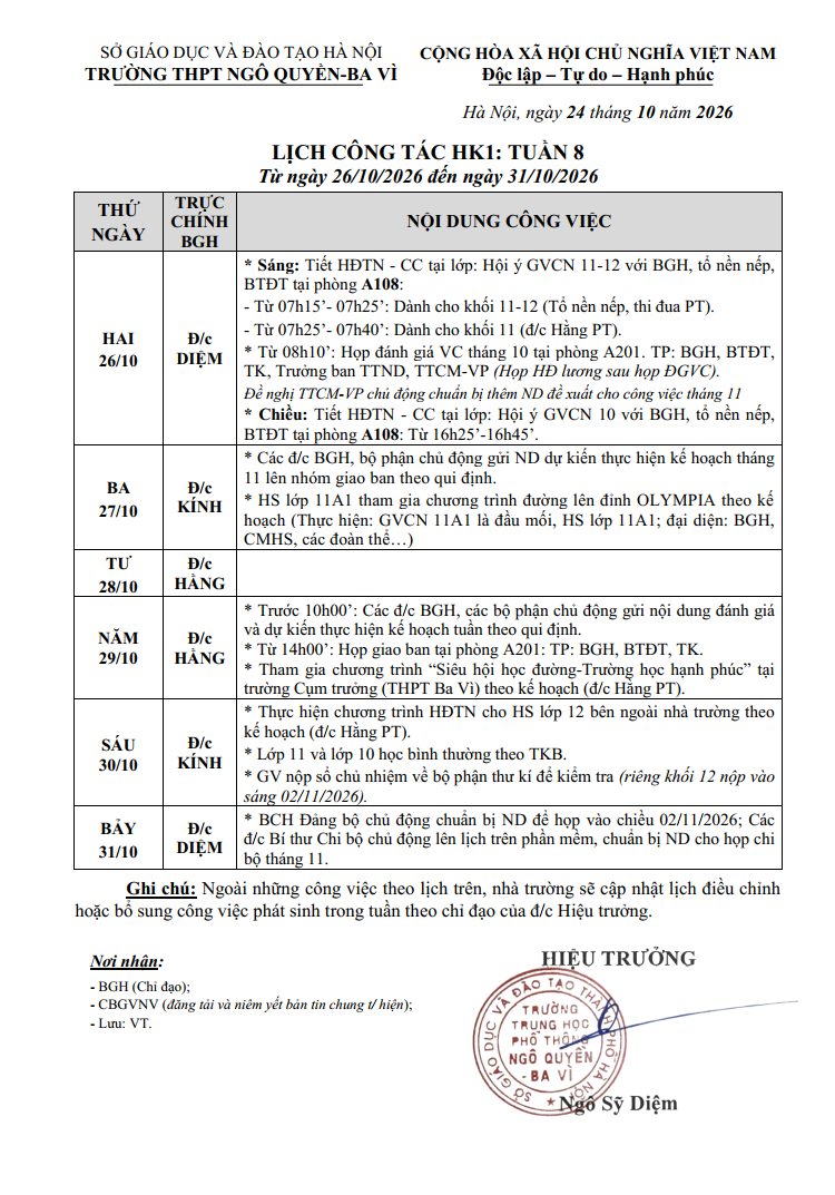 LỊCH CÔNG TÁC HK1: TUẦN 8 Từ ngày 26/10/2026 đến ngày 31/10/2026