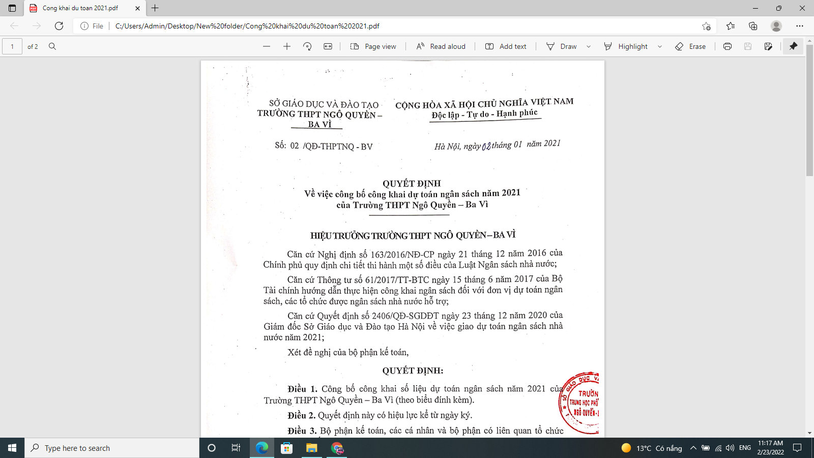 Công khai ngân sách năm 2021