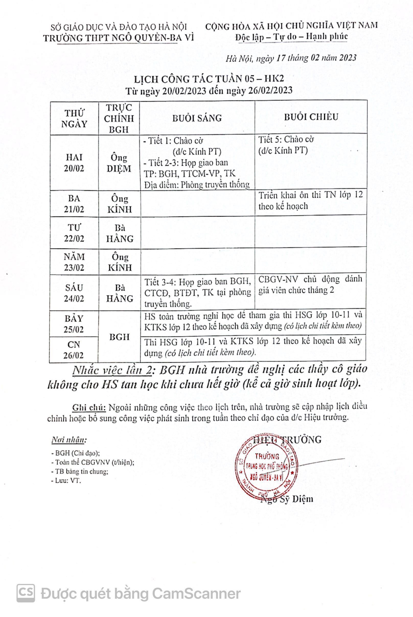 Lịch công tác từ ngày 20/2/2023