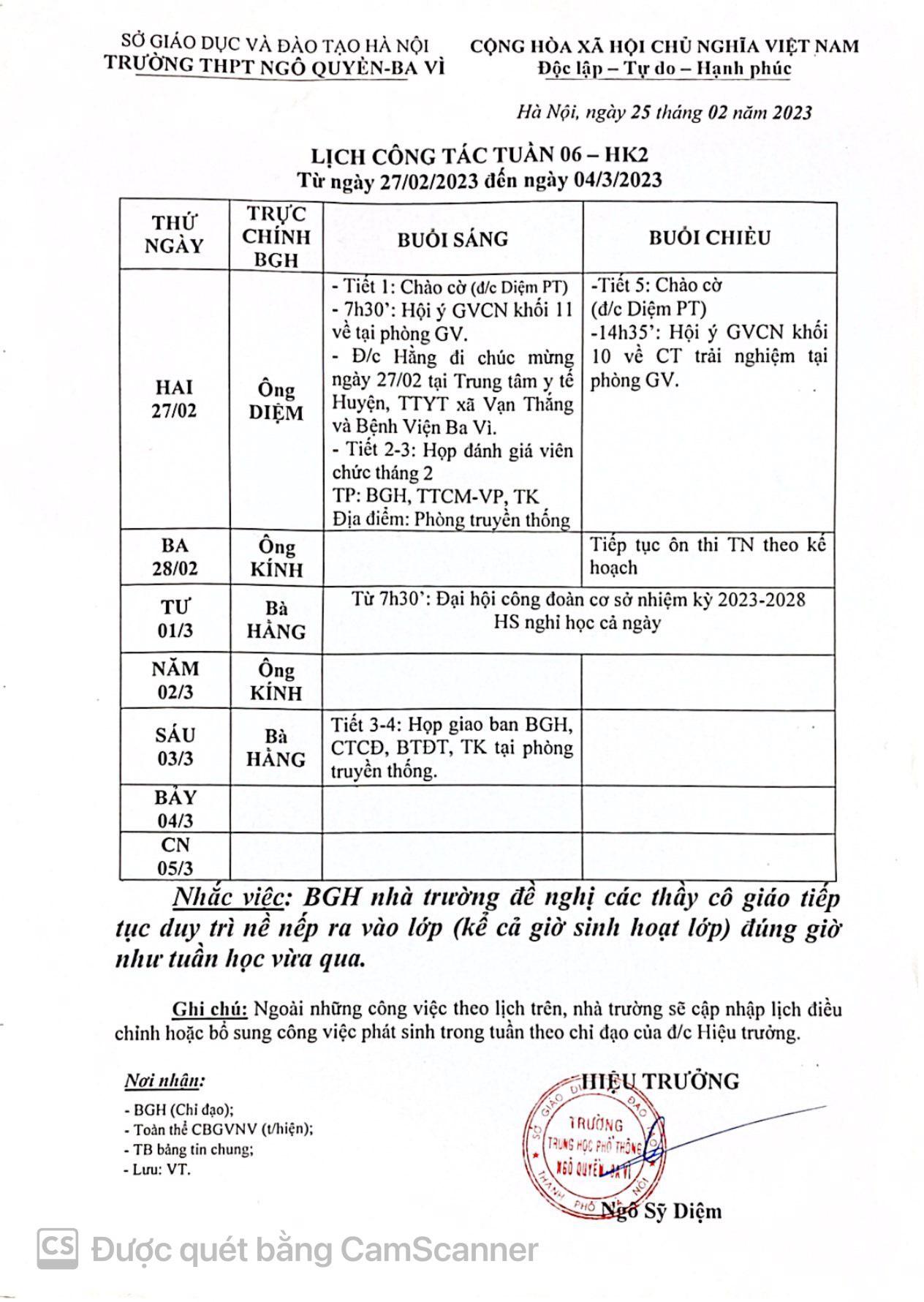 Lịch công tác từ ngày 27/2/2023