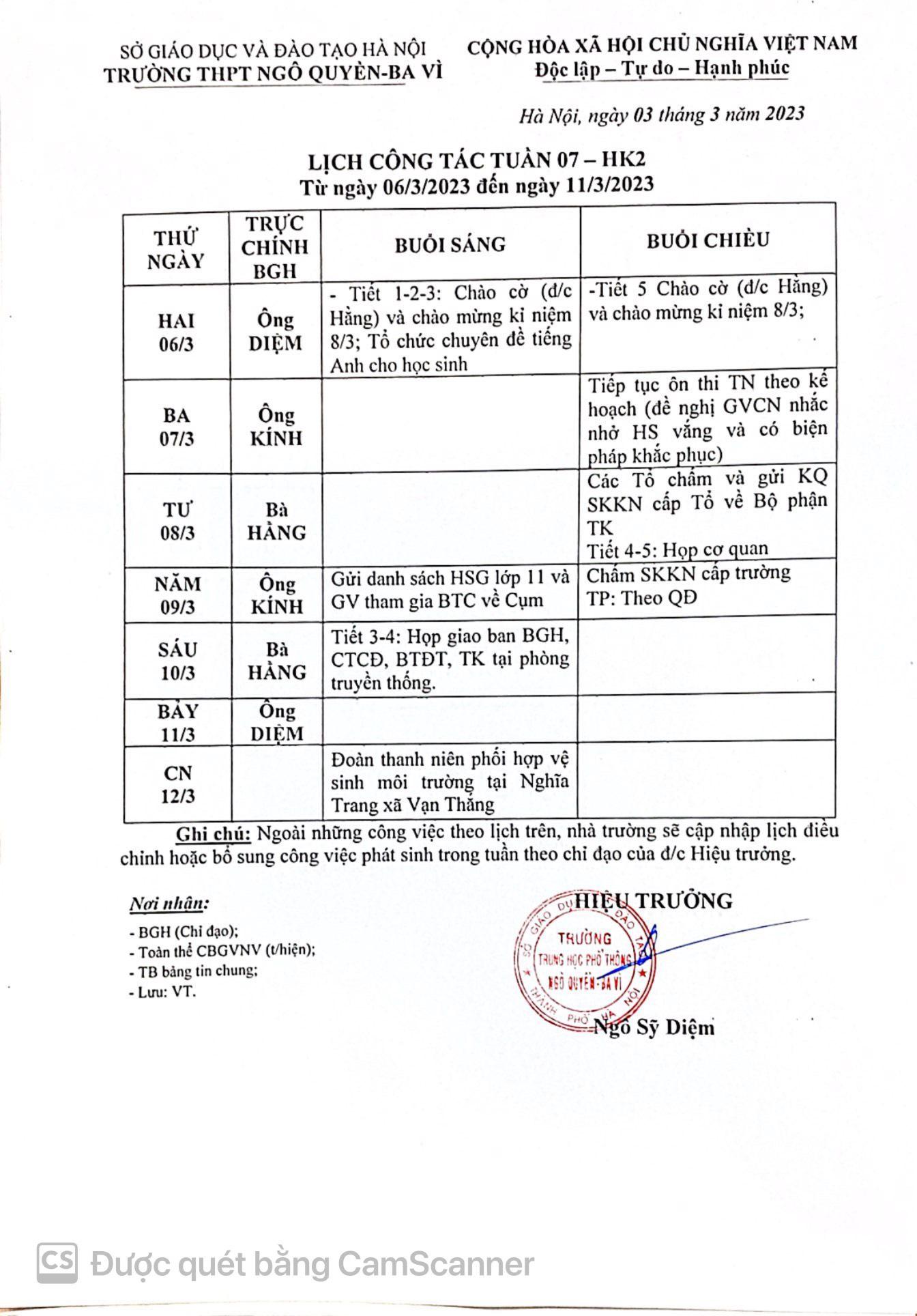 Lịch Tuần từ ngày 06/03/2023