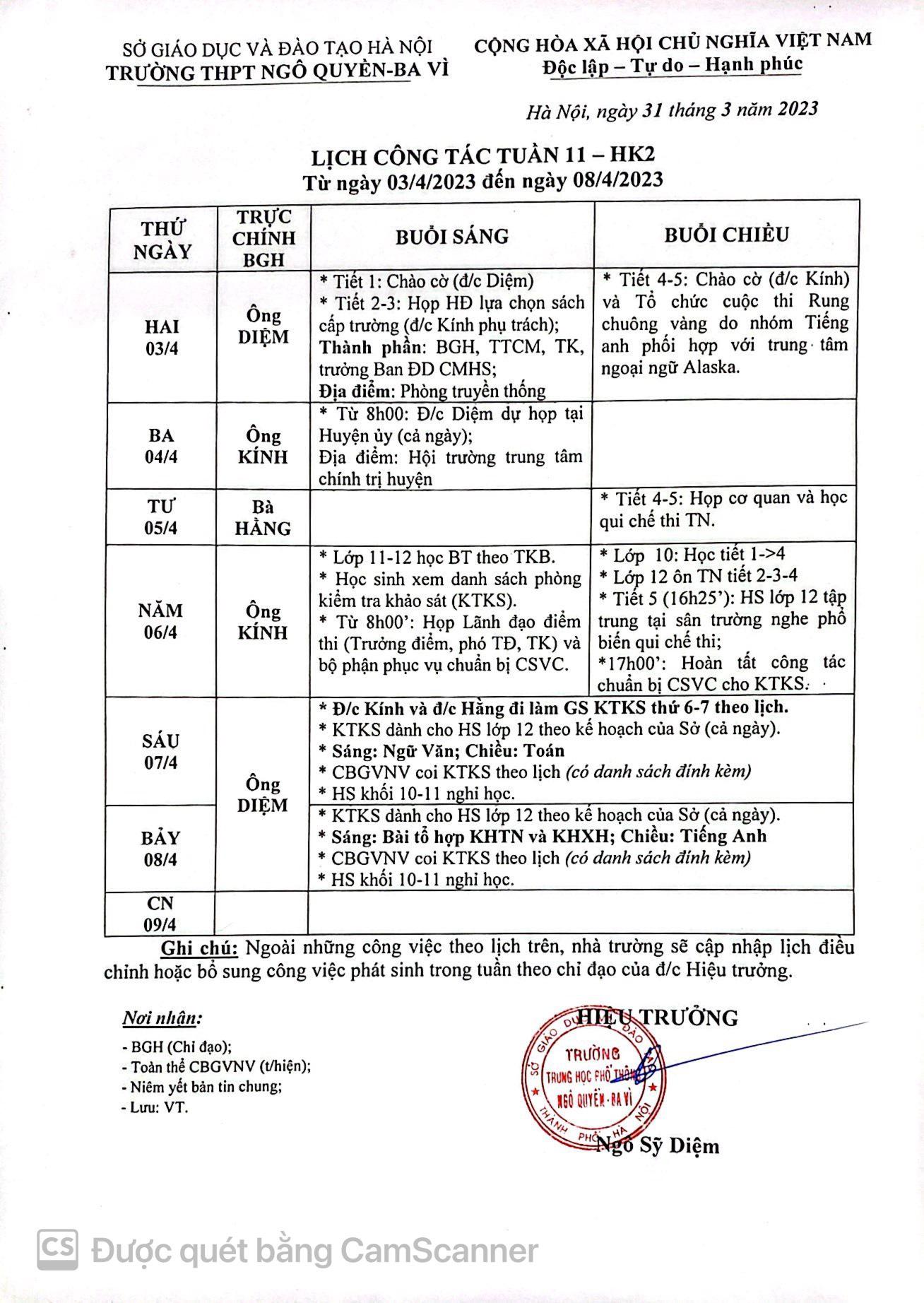 Lịch công tác tuần từ ngày 3/4/2023