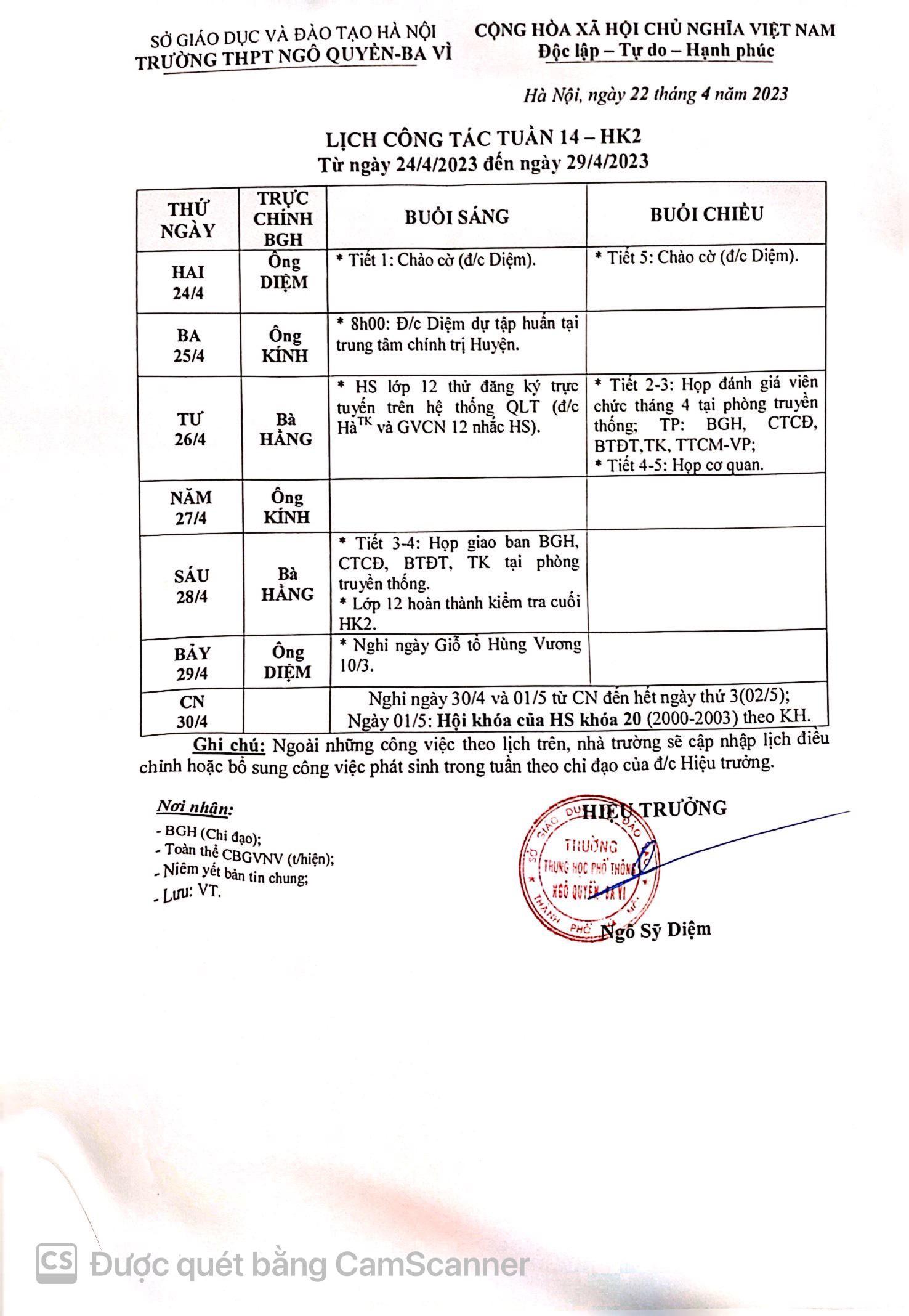 Lịch công tác tuần từ ngày 24/4/2023