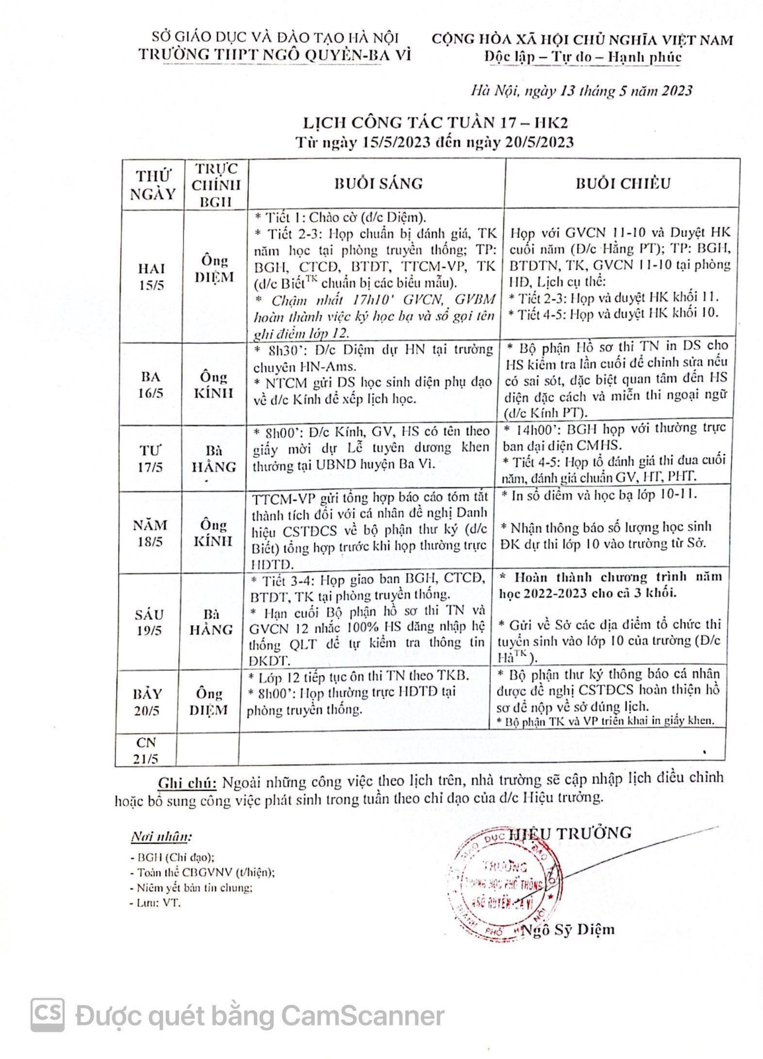 Lịch công tác tuần từ ngày 15/5/2023