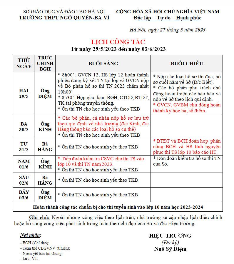 Lịch công tác tuần từ ngày 29/5/2023