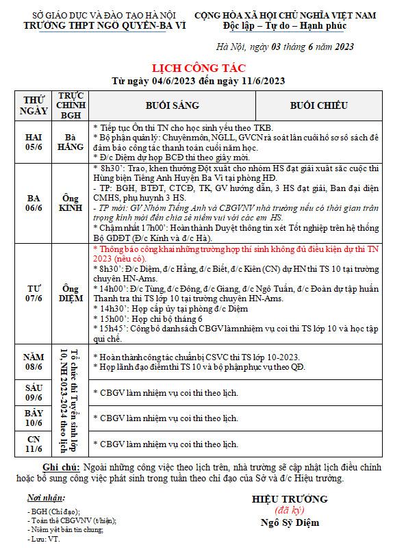 Lịch công tác tuần từ ngày 5/6/2023