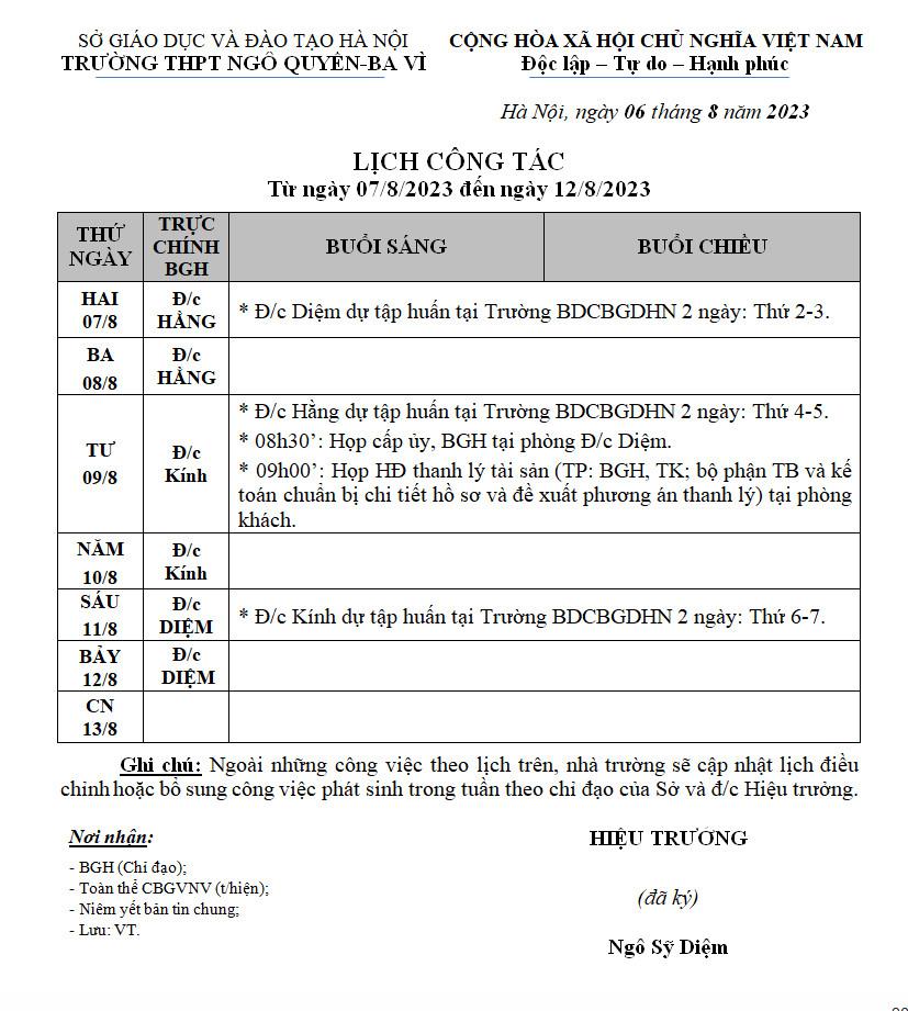 Lịch công tác từ ngày 07/8/2023