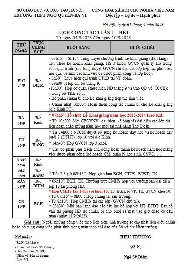 Lịch công tác từ ngày 4/9 đến ngày 10/9 năm 2023