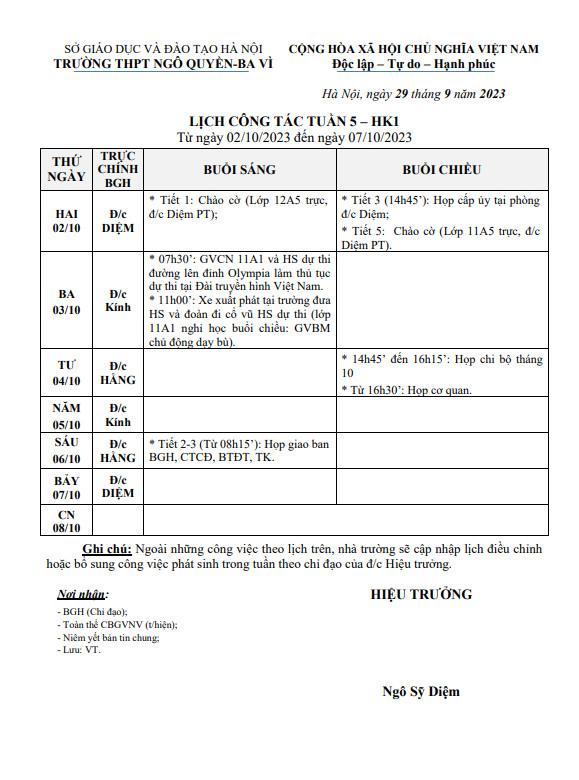 Kế hoạch tuần từ ngày 2/10/2023