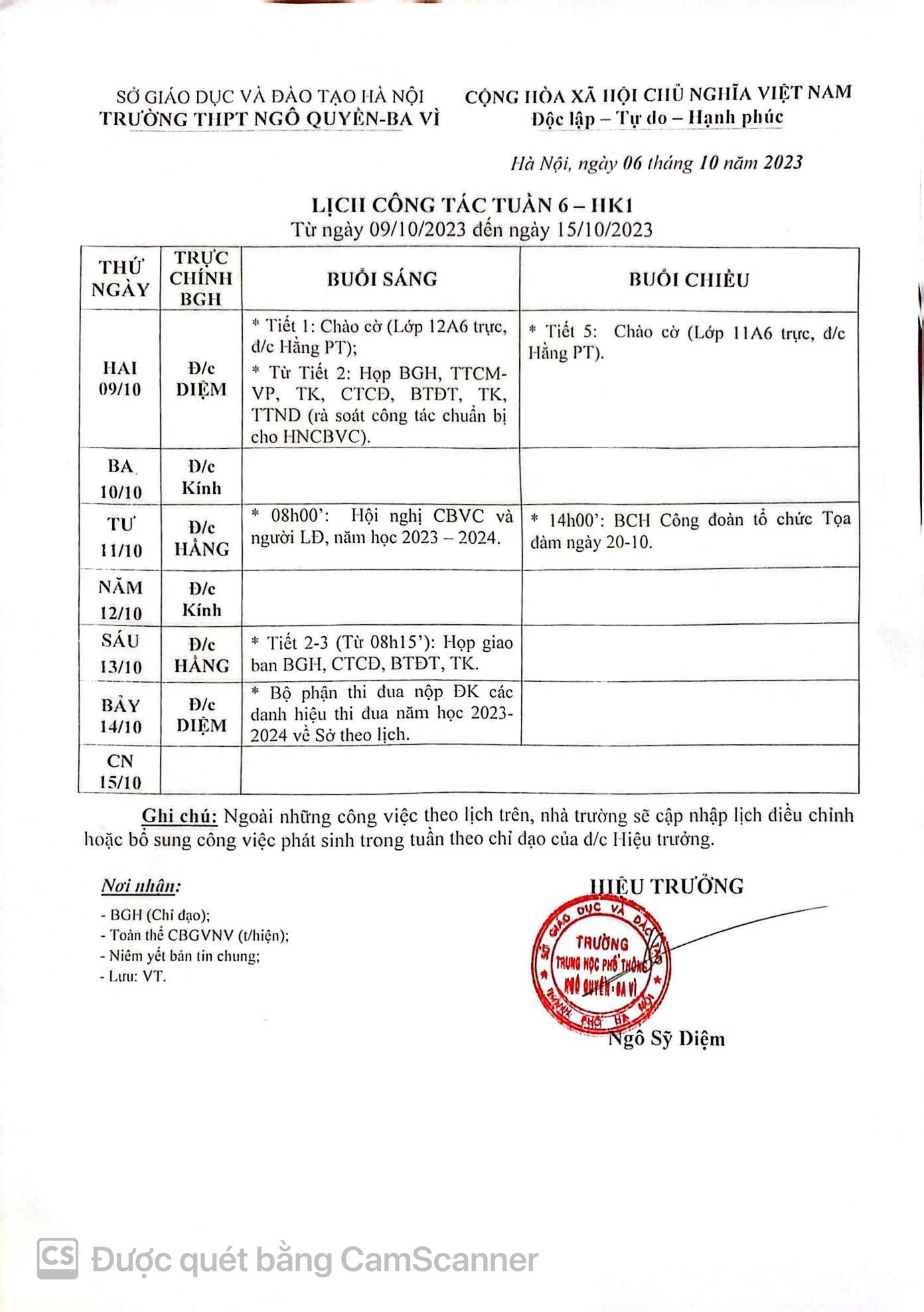 Lịch công tác tuần từ ngày 9/10/2023