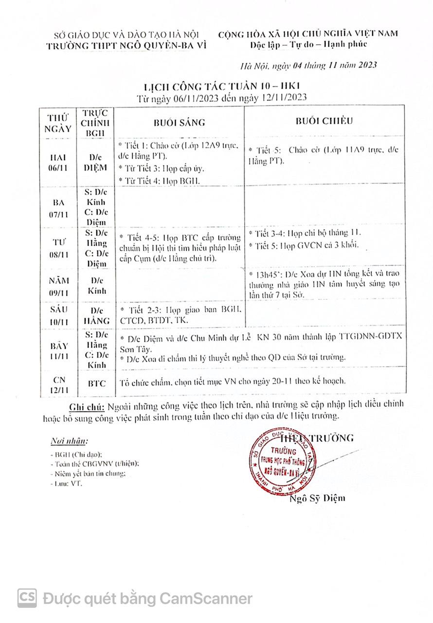 Lịch công tác tuần từ ngày 6/11/2023