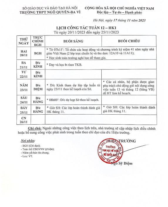 Lịch công tác tuần từ ngày 20/11/2023