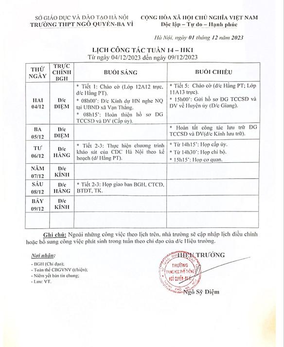 Lịch công tác tuần từ ngày 4/12/2023