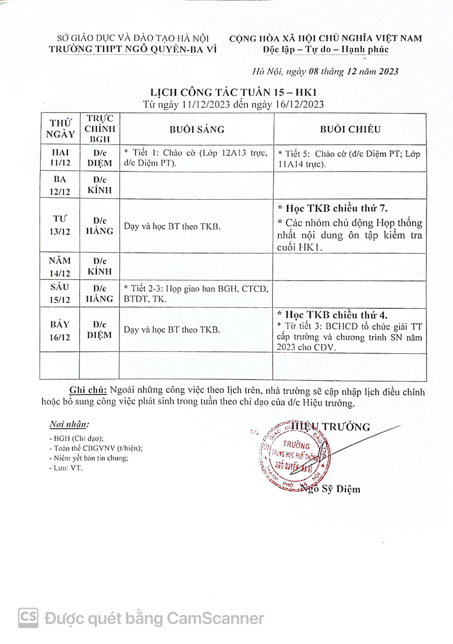 Lịch công tác tuần 15 từ ngày 11/12/2023