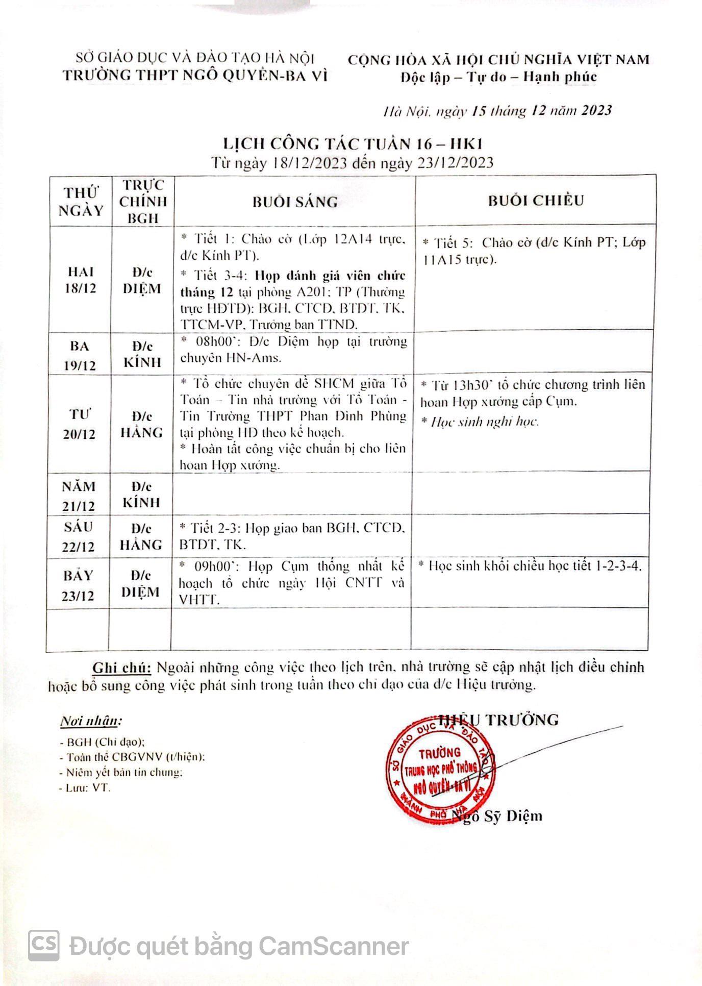 Lịch công tác tuần 16 từ ngày 18/12/2023