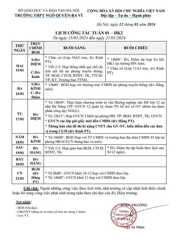 Lịch tuần 1 kì 2 từ ngày 15.1.2024